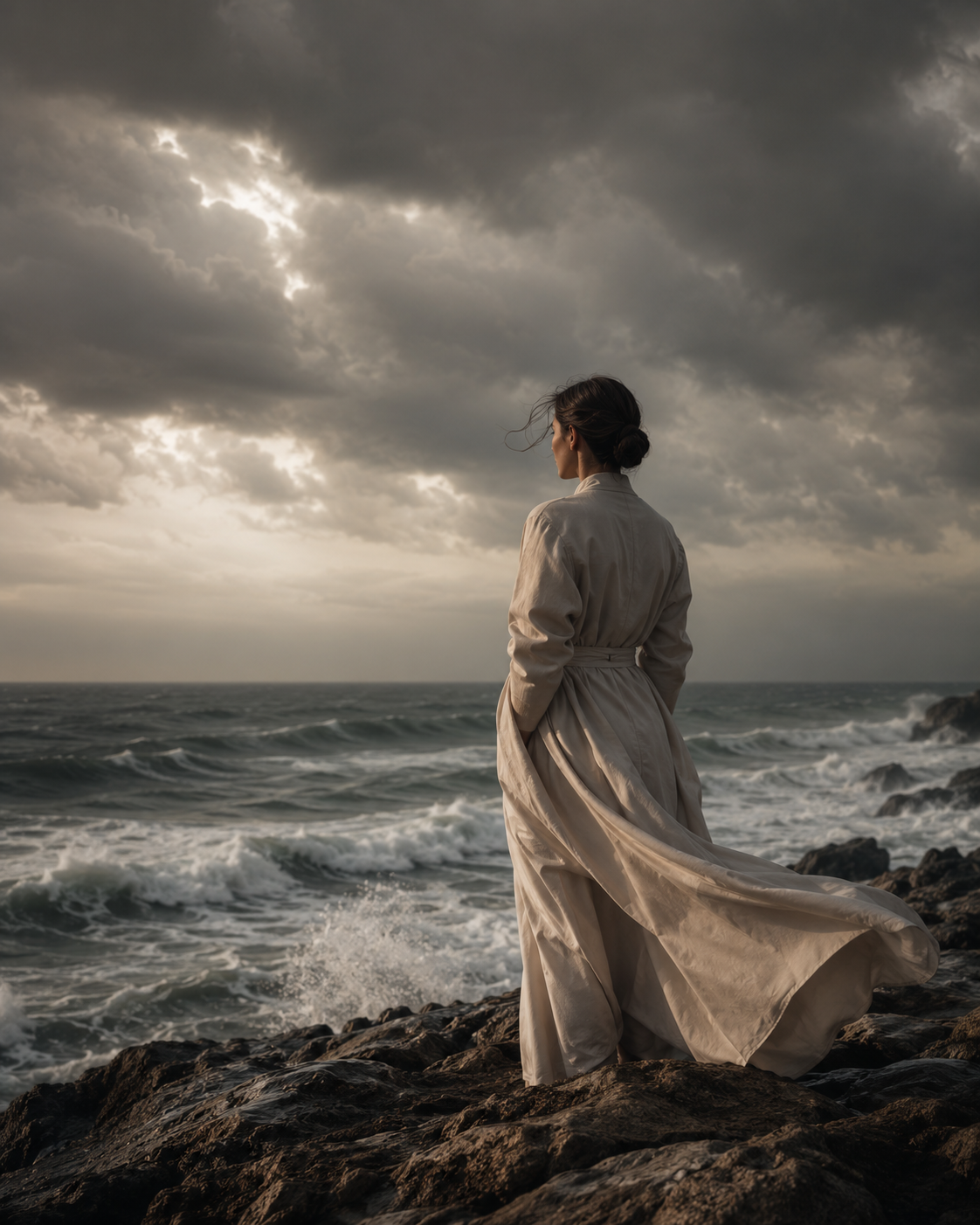 A woman standing by a stormy sea