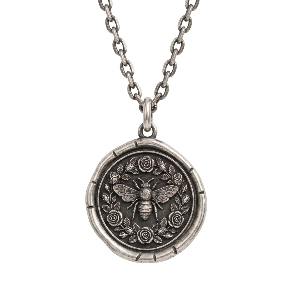 Talisman of Growth pendant featuring a honeybee surrounded by roses and leaves, on a chain against a white background.