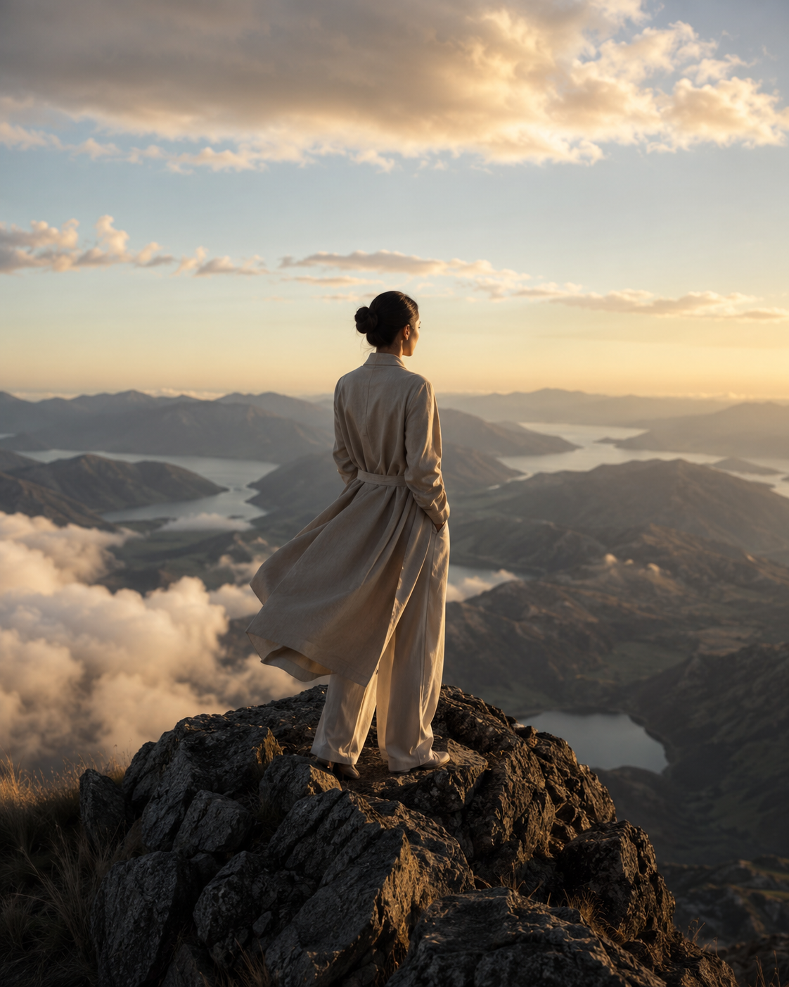 A woman standing on a mountain summit