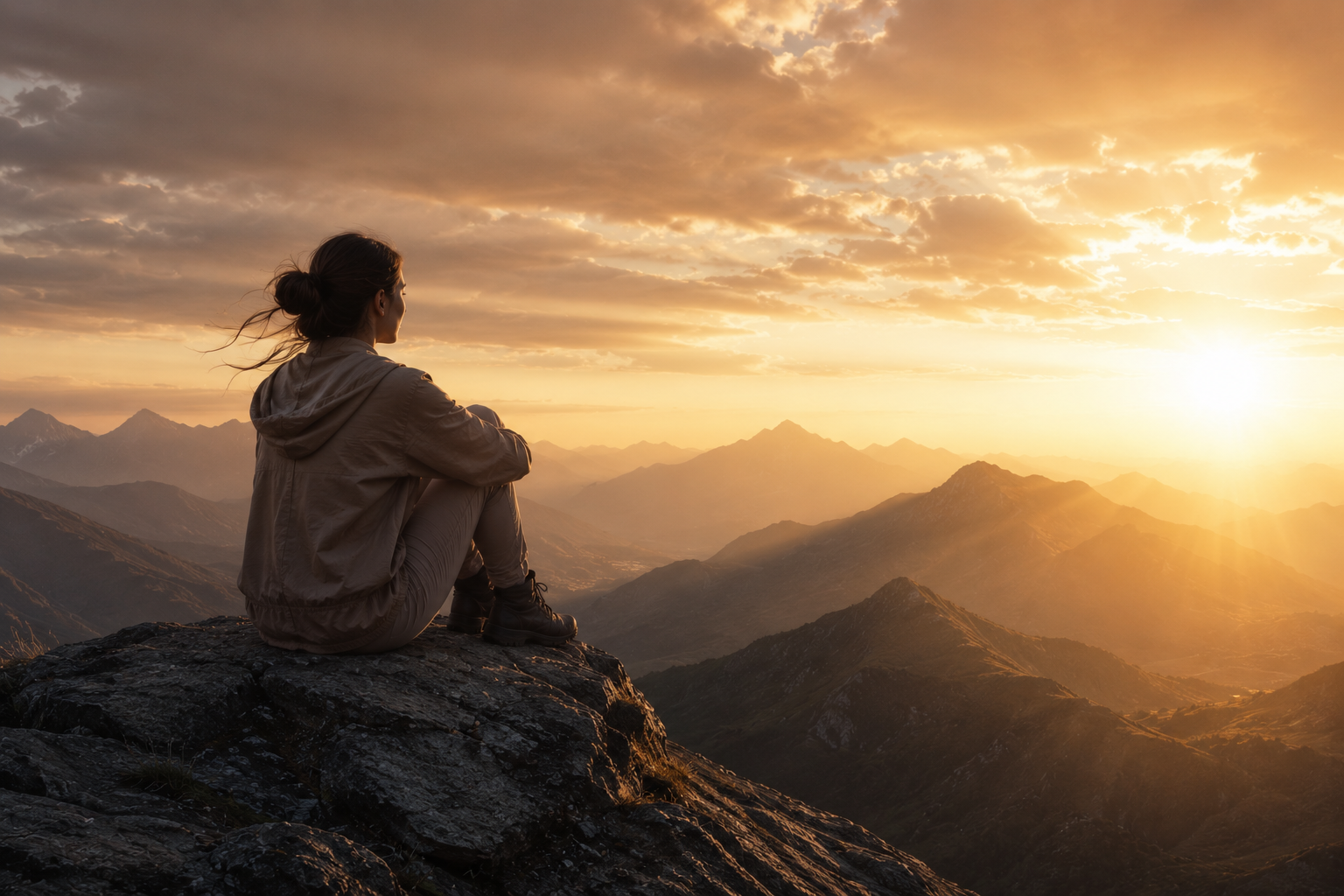 A woman standing at the summit of a mountain