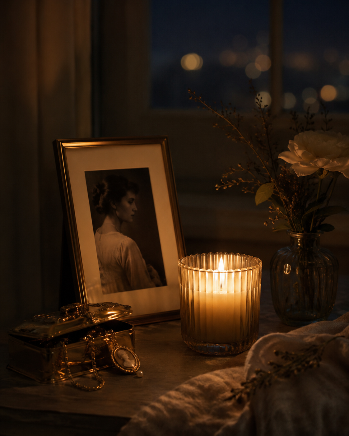 A candle glowing quietly at night