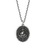 Weather the Storm oval talisman pendant with a sailing ship, waves, stars and anchor, on a chain against a white background.